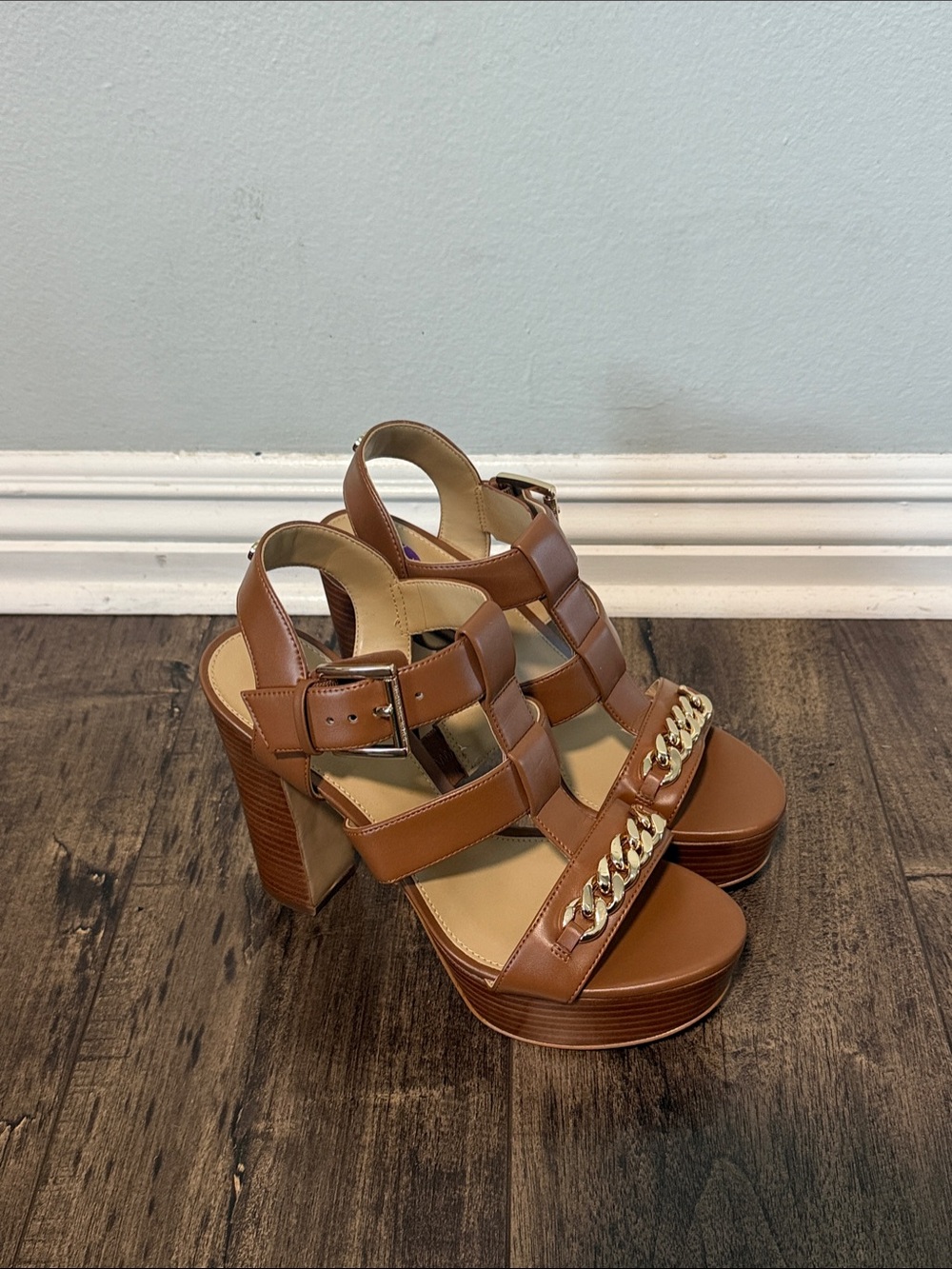 Michael Kors Brown Platform Block Heel Sandals with Gold Chain
